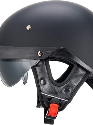 Half Helmets Motorcycle  Open Face Sun Visor Quick Release Buckle Adjustable  Approved Cycling Retro Cruiser Pilot Helmets for Adults Men and Women (Matte Black,M)