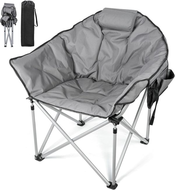 Oversized Camping Chairs for Adults, Folding Chair with Fully Padded Seat & Back, Portable Camping Lounge Chair with Two Side Pockets, Pillow and Carry Bag for Outside, Travel, Picnics
